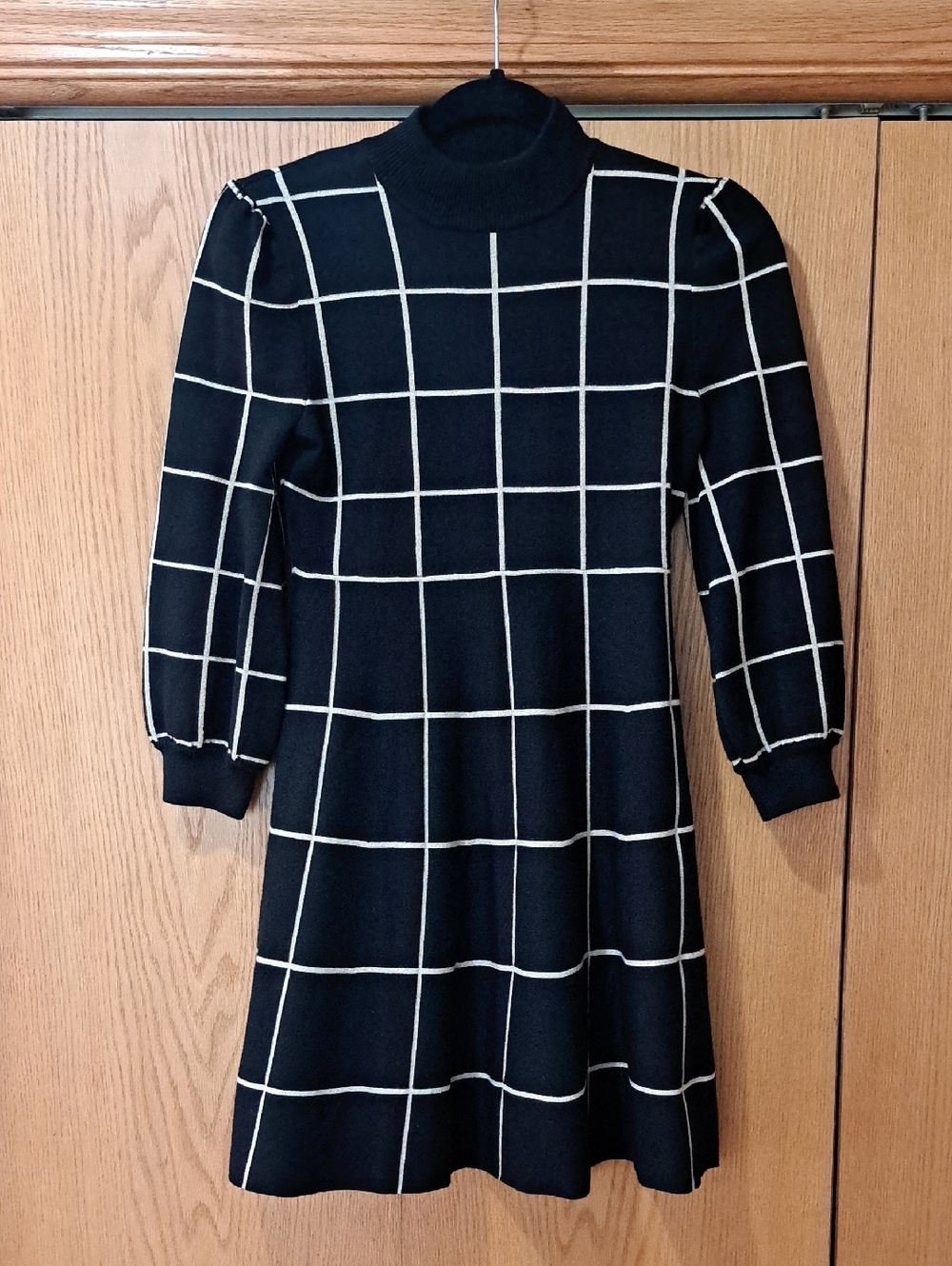 Poppies And Roses Black Windowpane Knit Dress with Mock Neck